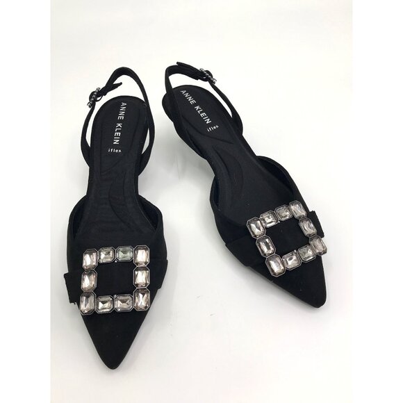 Anne Klein Inez Rhinestone Buckle Slingback Pumps Kitten 2" Heel Black 7 NWOB - Picture 1 of 7